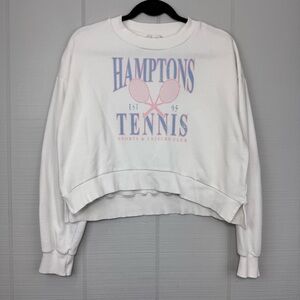 gb fashion Hamptons Tennis White Cropped Crewneck Sweatshirt Preppy Loungewear